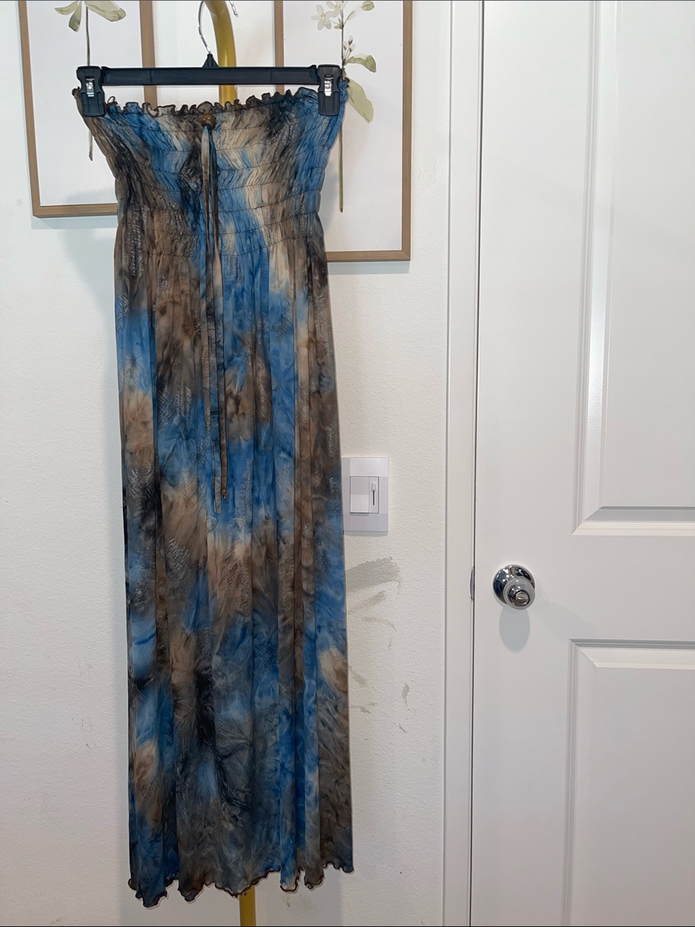 Smocked Strapless Maxi Dress in Blue and Brown Tie-Dye